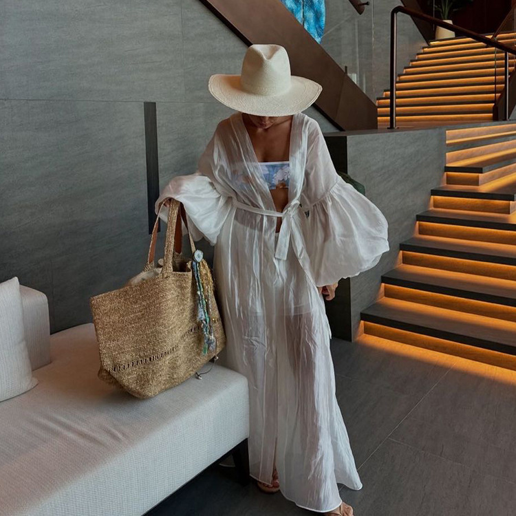 Cross-Border European and American Style Puff Sleeve Cardigan Lace-Up Robe Shorts Casual Two-Piece Set New Simple Fashion Suit for Women