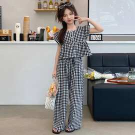 女童夏季网红格子套装2025新款儿童韩版薄款阔腿裤小女孩时髦夏装