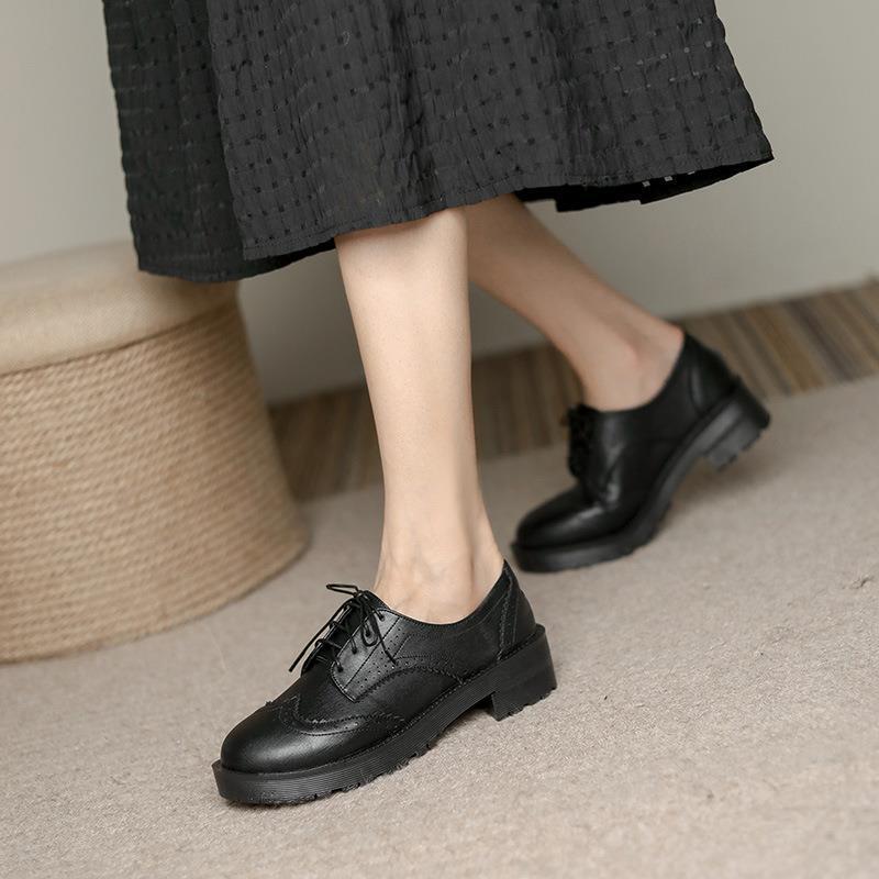不磨脚软皮厚底防滑女办公鞋欧美百搭前系带圆头镂空压纹布洛克鞋