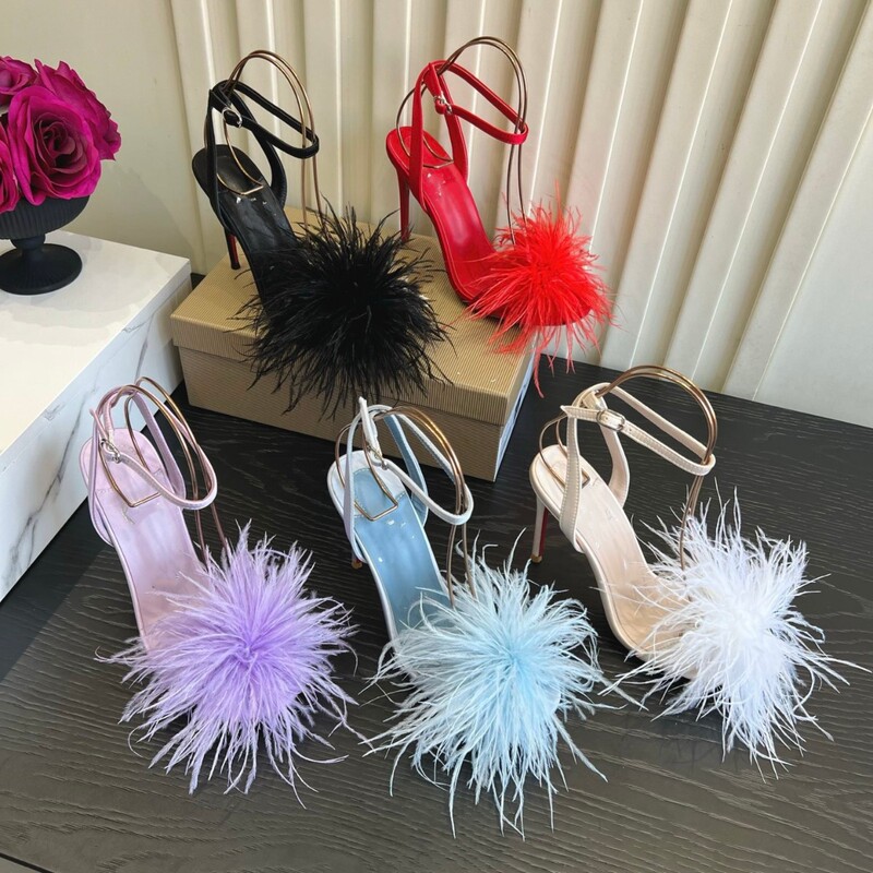 26 New Styles of Ostrich Feather Stiletto Sandals for Women, Patent Leather Double-Ring Thin Straps, Open-Toe High Heels, Banquet Feather Fairy-Style Shoes