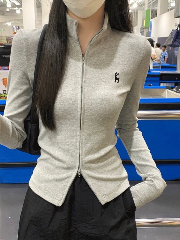 美式设计感半高领双拉链开衫女秋新款刺绣百搭修身显瘦外穿上衣潮|undefined