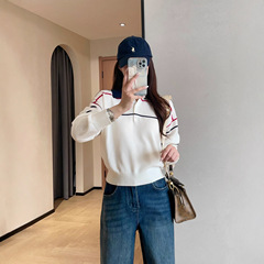 学院复古风撞色长袖polo领短款宽松针织衫女2025秋