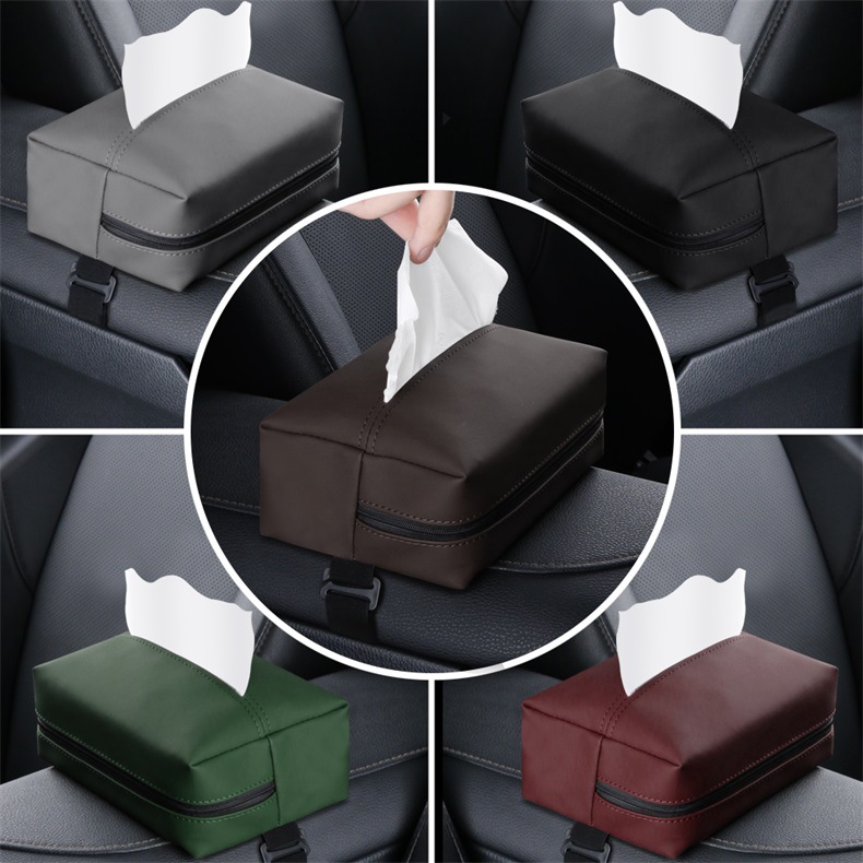 Car-specific tissue box holder with strap-backed seatback-mounted tissue dispenser car interior paper tissue sleeve