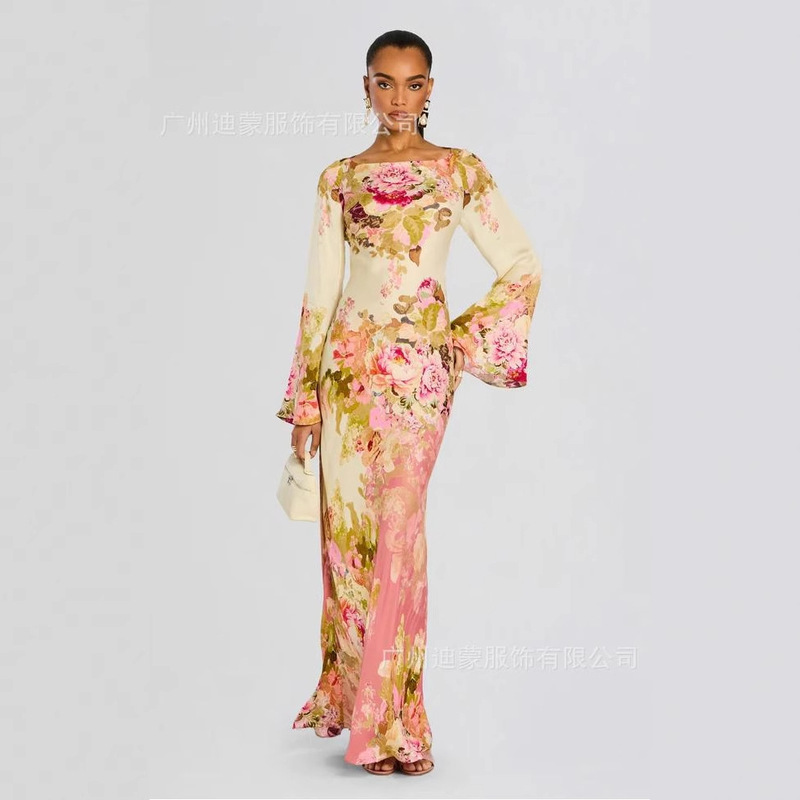 2025 Cross-Border European and American Foreign Trade Women's Clothing Printed Floral Long-Sleeved Bell-Sleeved Long Dress Evening Gown