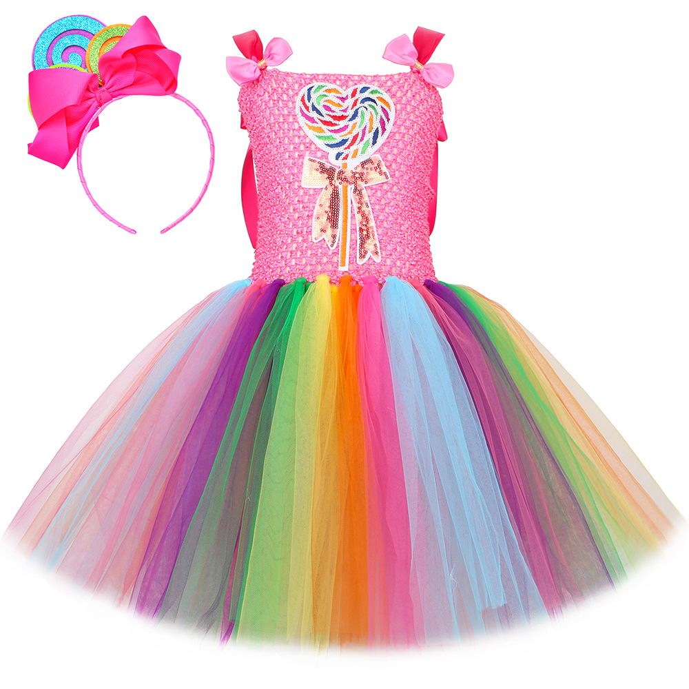 Vestido de piruleta infantil Rainbow Candy malla Tutu falda Festival de niñas espectáculo de ropa princesa pompón falda