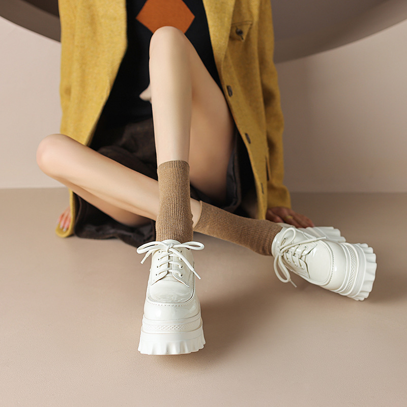 Giày loafer nữ đế xuồng cao gót 10cm, mũi tròn dây buộc, phong cách trẻ trung — màu be