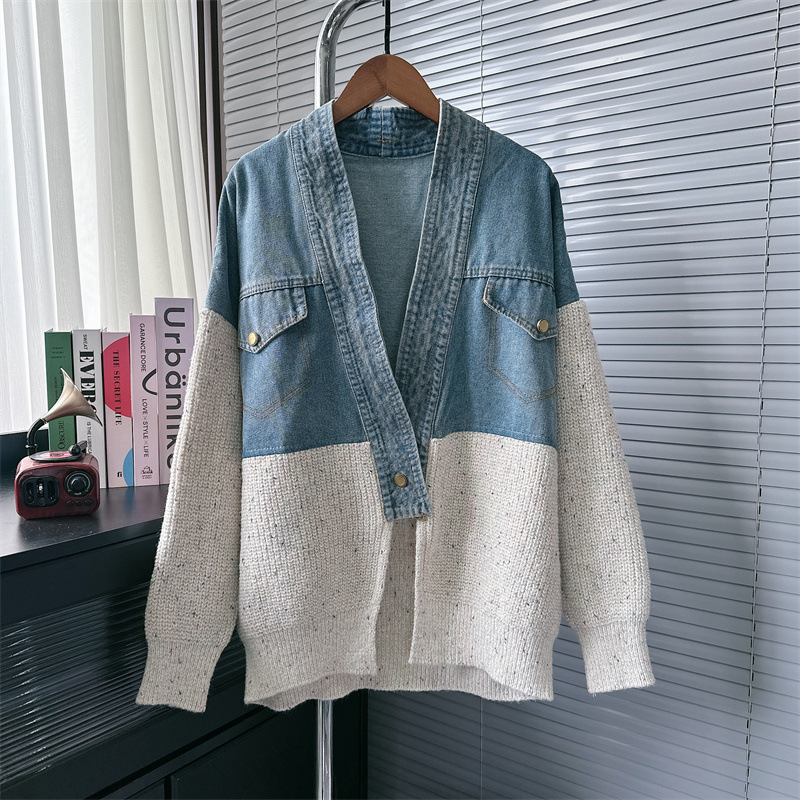 Damenbekleidung Denim-Nähte Design Strickjacke Herbst und Winter neue koreanische Art und Weise lose Pulloverjacke_voghion.com