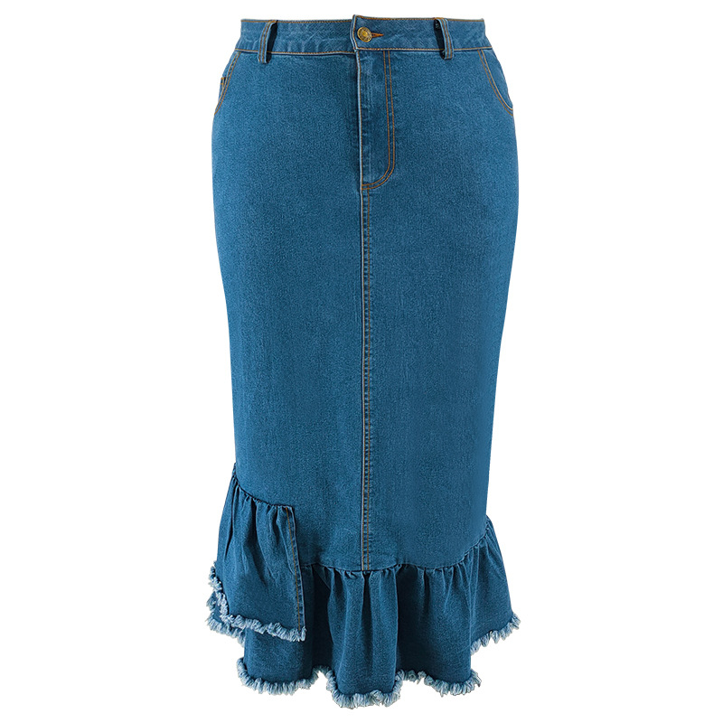 Dames plus size denim rok met kwastjes lang en elegante pasvorm_voghion.com