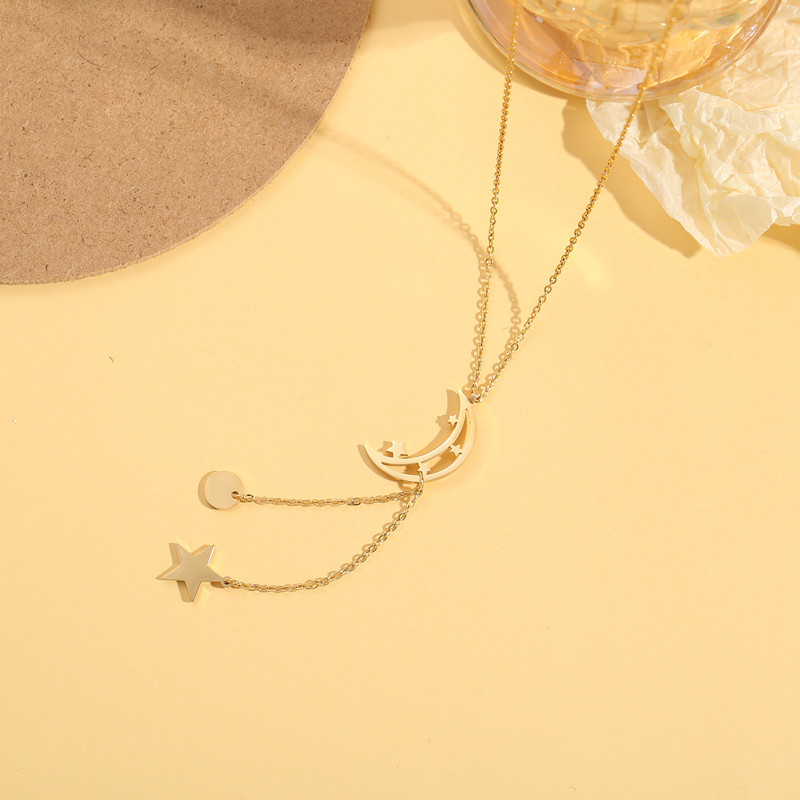 New Style Hollow Moon Titanium Steel Plated 14K Gold Round Star Pendant Necklace_colorza_4