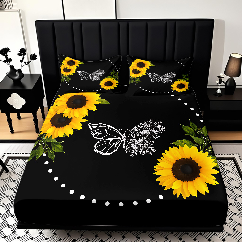 Comercio exterior transfronterizo textil doméstico patrón de girasol impresión digital 3D cama de molienda de tres piezas JIT modelo Temu