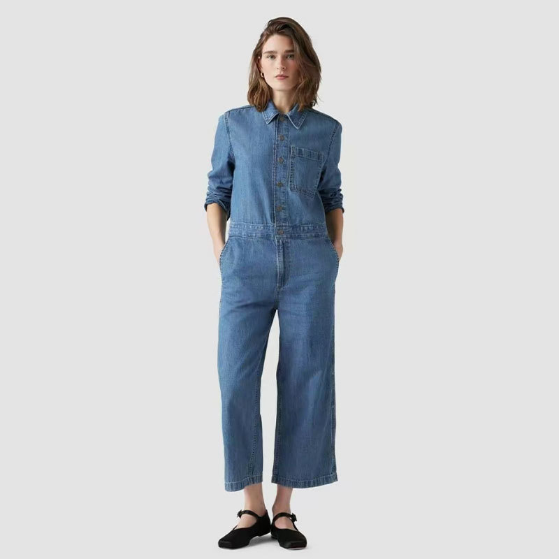 Cross-Border European and American 2026 New Women's Slim-Fit Lapel Jumpsuit Fashion Casual Straight-Leg Denim Jumpsuit for Women