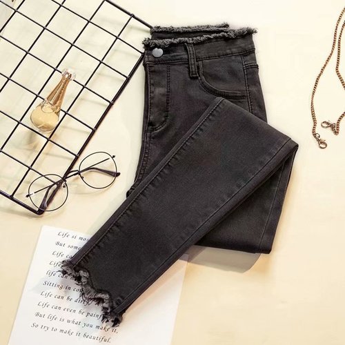 Women's Black High-Waisted Cropped Skinny Pencil Jeans, Korean-Style, Slimming & Versatile with Stretchability