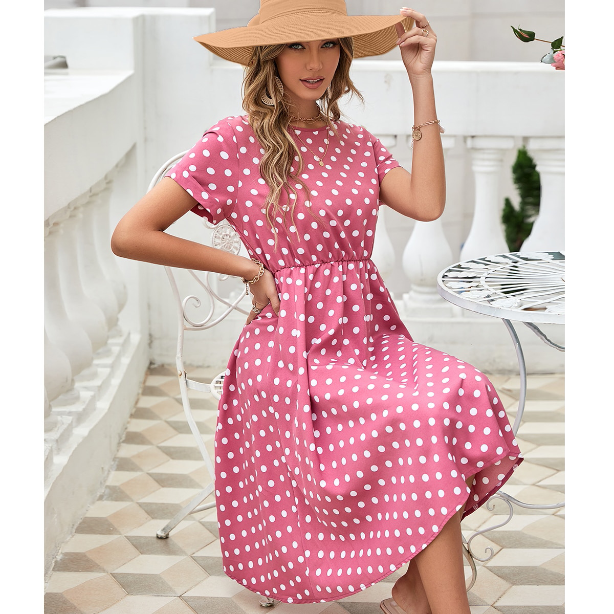 Women Clothing Comfortable Vacation Casual Chiffon Polka Dots Slimming Dress