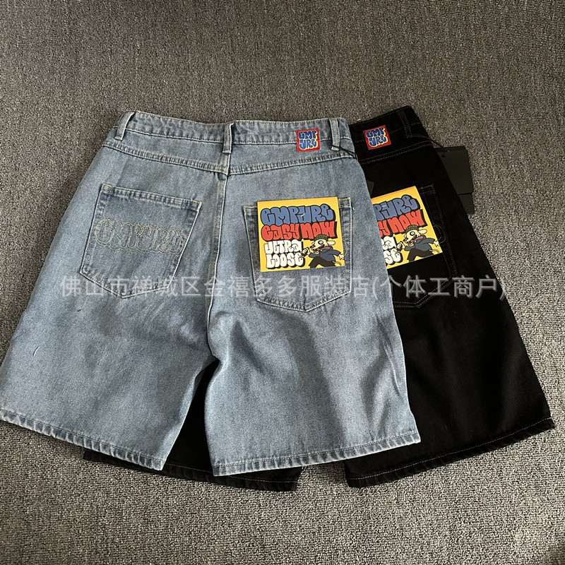 Foreign trade Denim skateboard shorts spring and summer new men and women embroidered polar black big boy pants jeans
