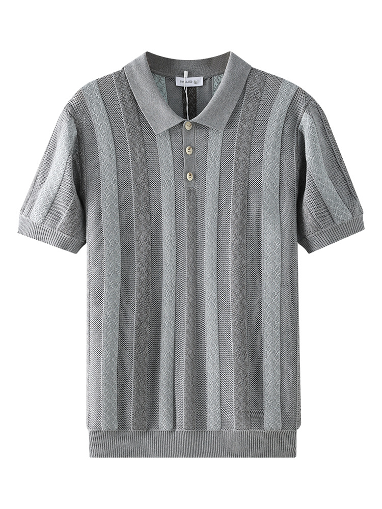 Europa y América hombre hielo de punto camiseta polo de manga corta Jacquard rayas con cuello superior de negocios casual hombre