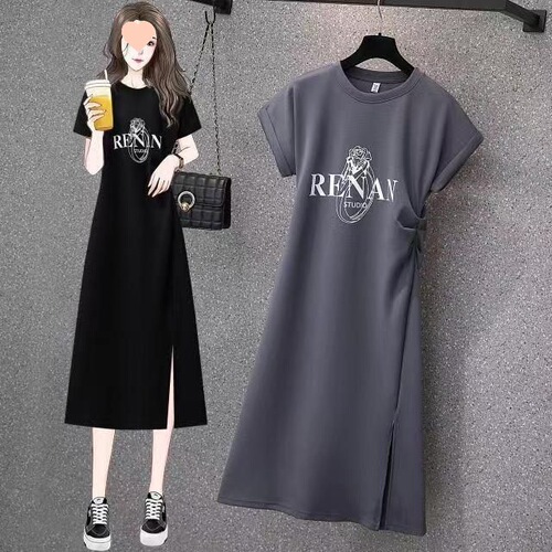 Women's Summer Plus-Size Design-Driven Casual Mid-Length Slit Dress with Short Sleeves for a Slimming, Figure-Hugging Fit