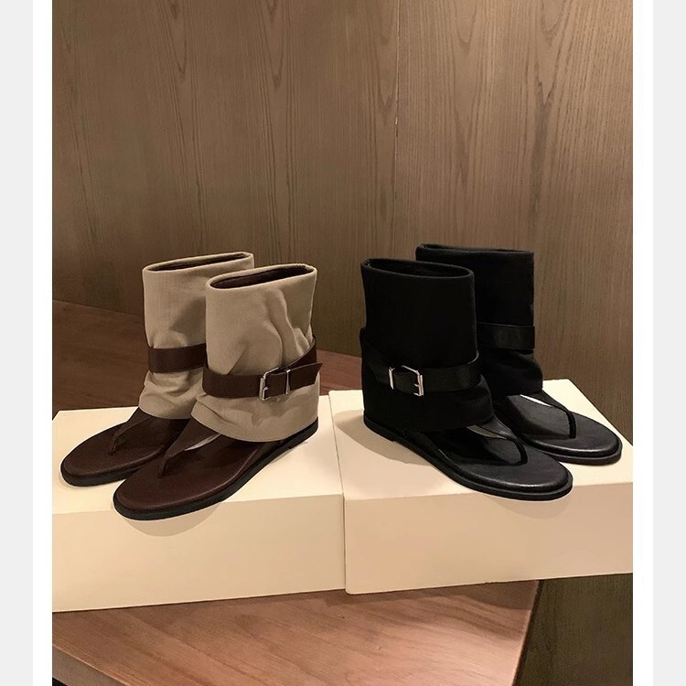 Grape Mom's Same Style, Inner Height Increase of 4.5Cm~Subtle Color Matching Belt Buckle Thong Hot Girl Mid-Calf Genuine Leather Sandals Grape Mom's Same Style, Inner Height Increase of 4.5Cm~Subtle Color Matching Belt Buckle Thong Hot Girl Mid-Calf Genuine Leather Sandals
