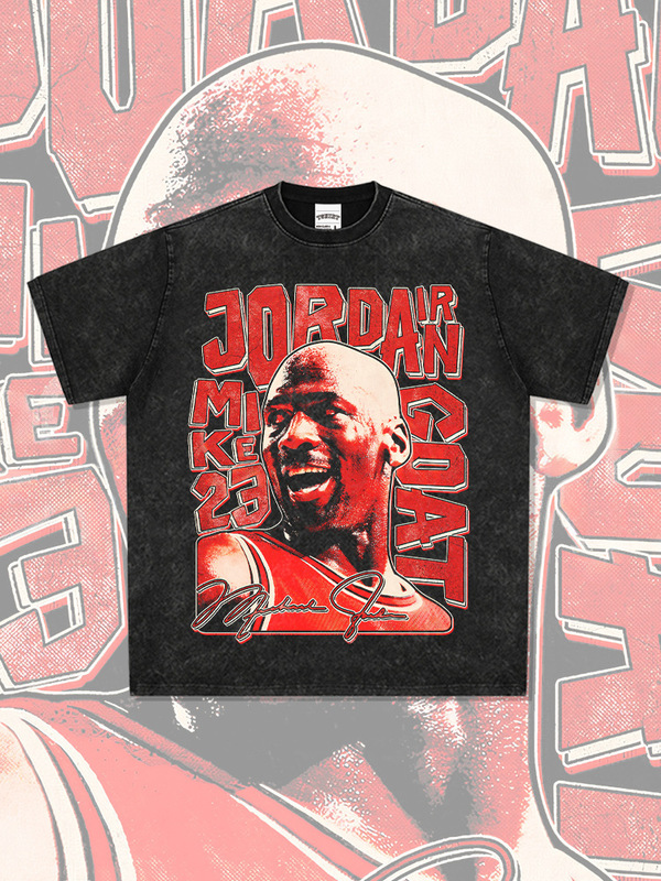 American-Style Versatile T-Shirt Mj Crew Neck High Street Hooded Sweatshirt Cross-Border Heavyweight Aerial Acrobatics Print Short-Sleeve Vintage Cotton