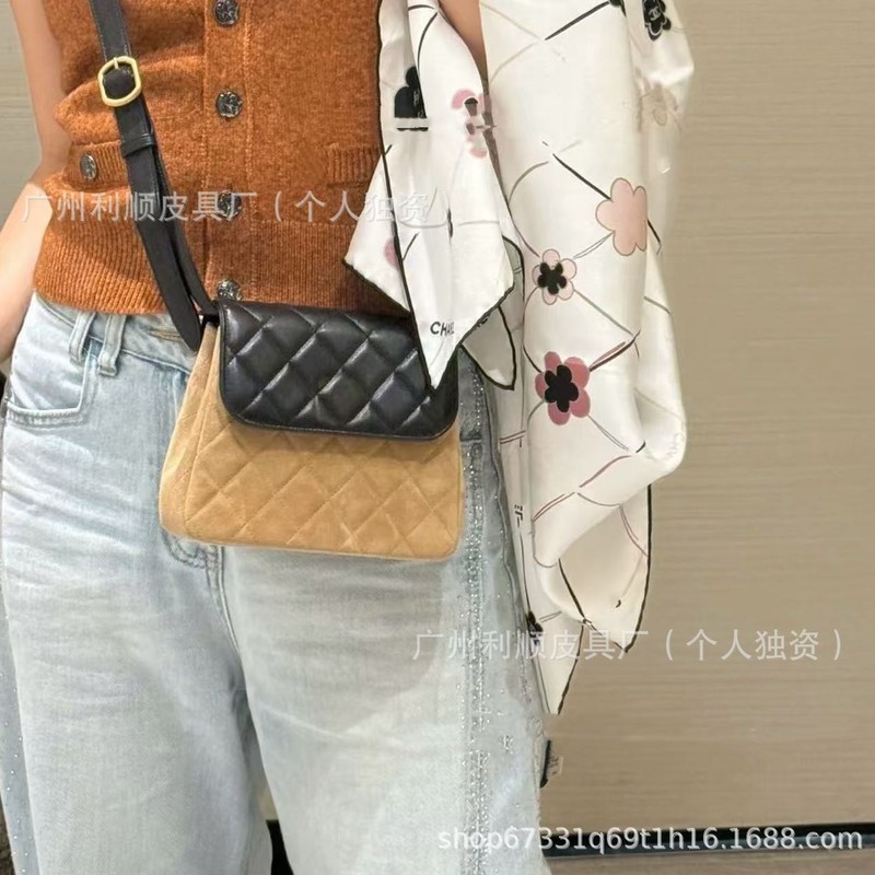 广州高版小香25A麂皮菱格拼色小方包口盖真皮cf方胖子单肩斜跨女|undefined