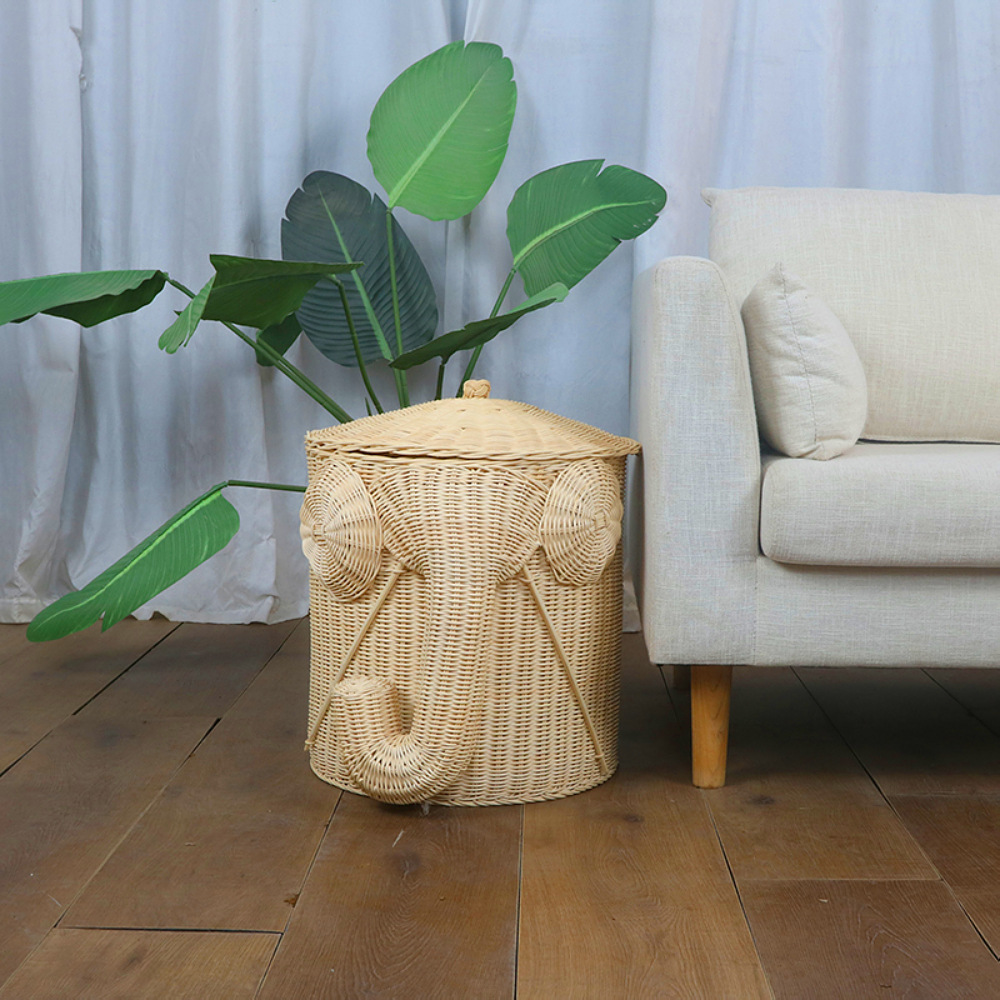 Hecho a mano de mimbre en forma de elefante cesta baño lavandería cesta de almacenamiento de juguete cesta Hotel B & B toalla cesta ropa sucia