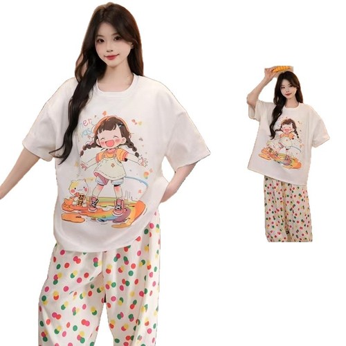 Korean-style cute cartoon print short-sleeved women's pajama set with loose casual pants, home wear set, wearable outside