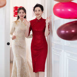 2025春季新款妈妈婚宴礼服红色改良修身旗袍高端大气喜婆婆结婚装