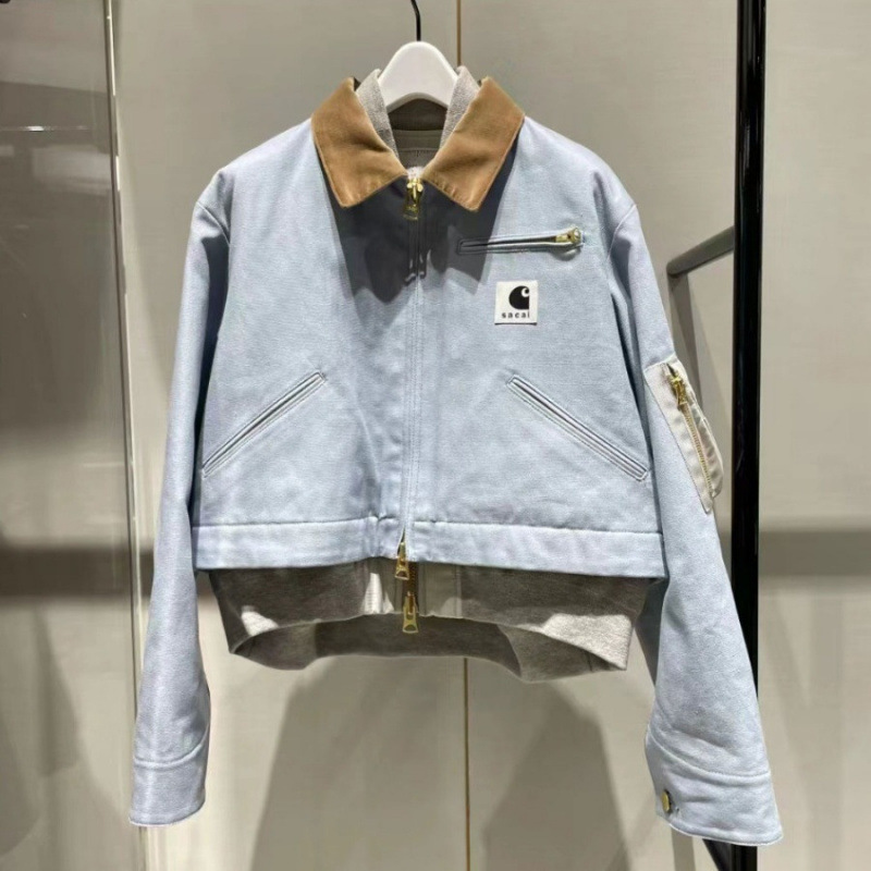 Fog Sacai Collaboration 2023 Autumn and Winter New Patchwork Short Windbreaker Jacket Fake Two-Piece Long-Sleeve Top for Women