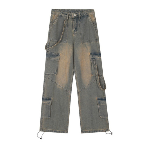 American street style oversized jeans for men and women, high-end street design with pocket detail, high-waisted, loose, falling sensation, floor-length, trendy