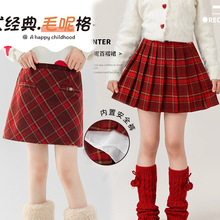 女童毛呢裙子秋冬装圣诞新款短裙红色女大童格子裙洋气儿童半身裙
