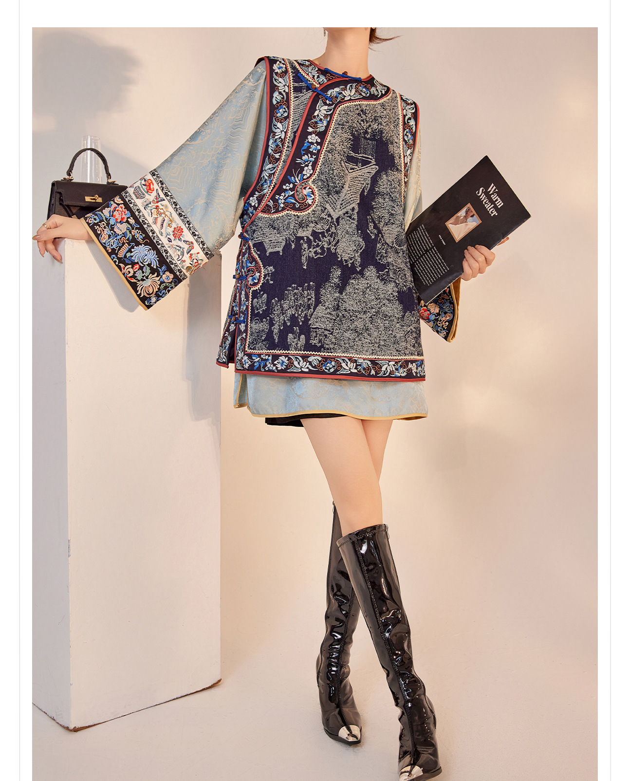 Áo khoác blazer nữ kiểu Trung Quốc cao cấp chất lụa jacquard tay dài mùa thu — Màu xanh lam nhạt chi tiết 16