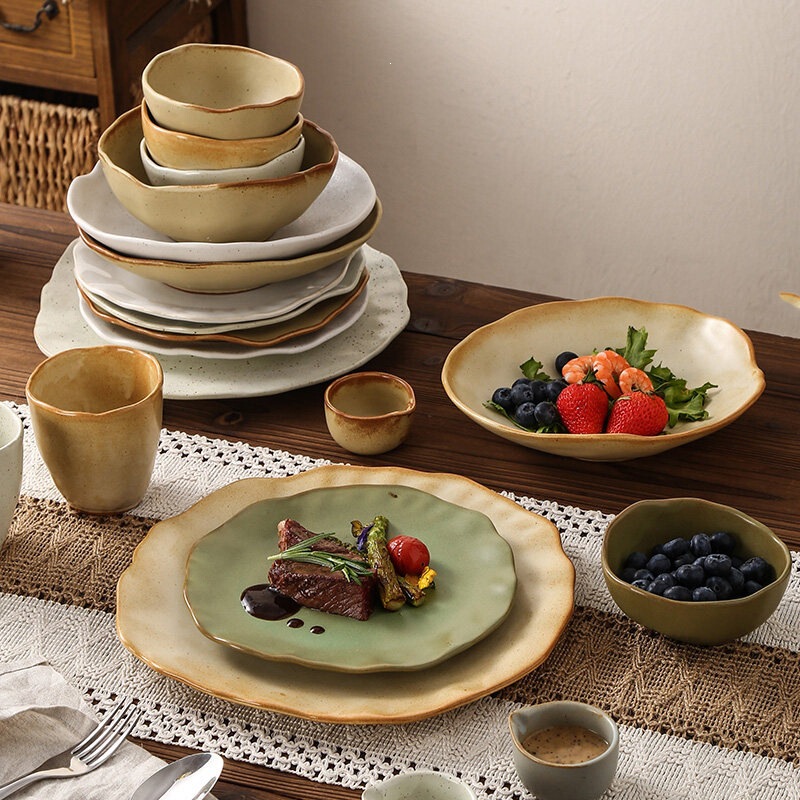 Japanese-Style Irregular Retro Ceramic Tableware Bowl and Plate Set, Plate, Rice Bowl, Cup, Bowl and Plate Set, Home Dining Plate and Bowl Set