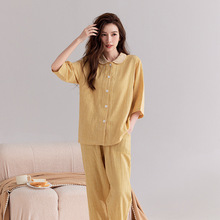 日文无印全棉双层纱家居服良品七分袖细格纹睡衣女士家居服套装