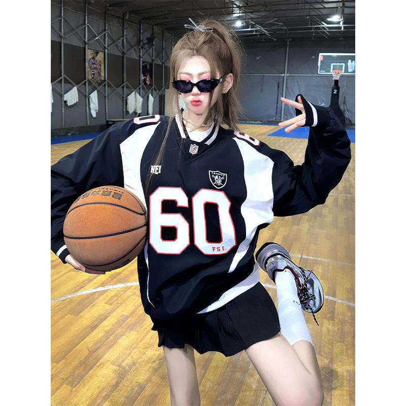 American Sports Style Long Sleeve Women's oversize Spring Digital Print Jersey T-shirt Loose Casual Couple Top