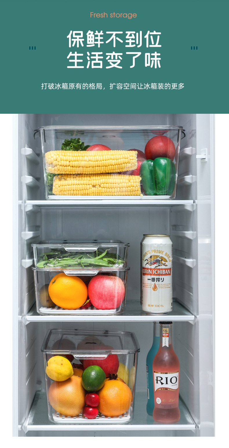 W15-A34-36带沥水冰箱收纳盒透明PET可叠加食物保温盒厨房洗菜盒详情3