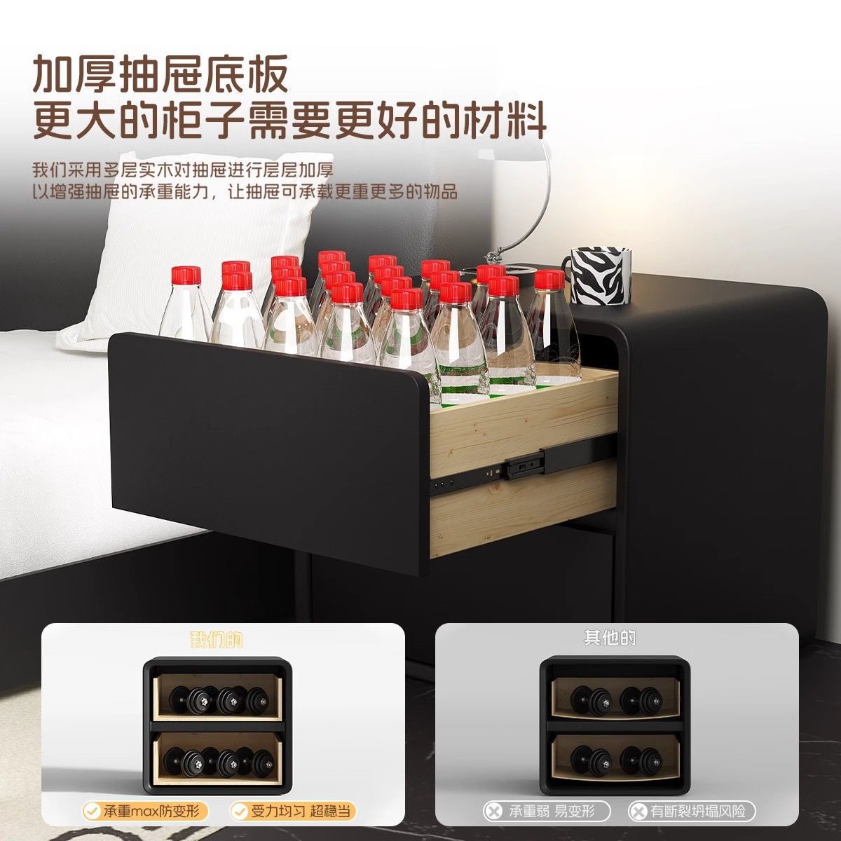 Mesa de té de madera sólida de alta calidad, mesa de cabecera de cama negra, gabinete de viento silencioso, gabinete simple de almacenamiento moderno, dormitorio simple