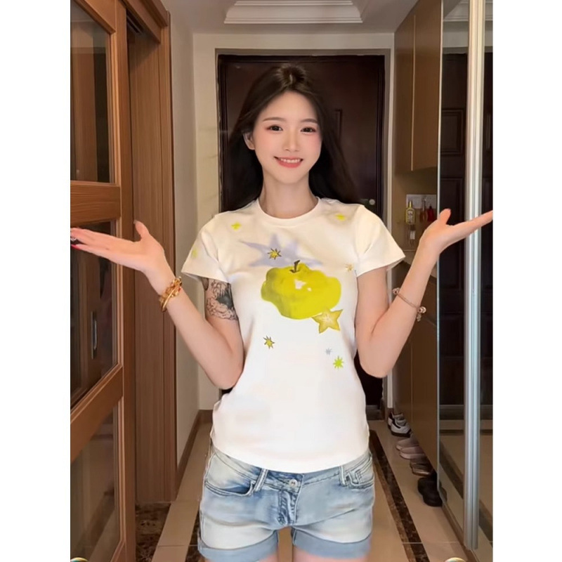 American Fun Apple Print Short-Sleeved T-Shirt for Women Summer Simple Casual Sweet Dopamine Top T-Shirt