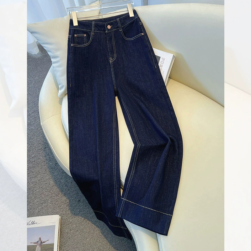 Dark blue jeans, autumn retro fleece trousers, high waist, for teenagers, loose straight fit