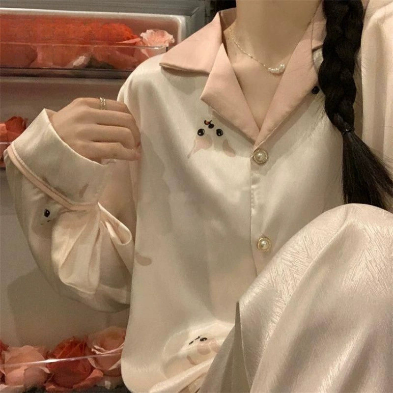 Женские пижамы из французского шелка-айс премиум-класса с длинными рукавами, весна-осень 2025, новые брюки, студенческий стиль, домашний комплект.