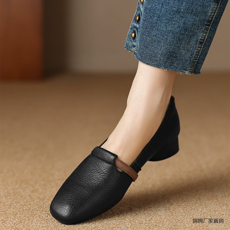 Овчинные французские одиночные туфли 2024 весна и осень новые ретро педали кожаные туфли с мягкой подошвы