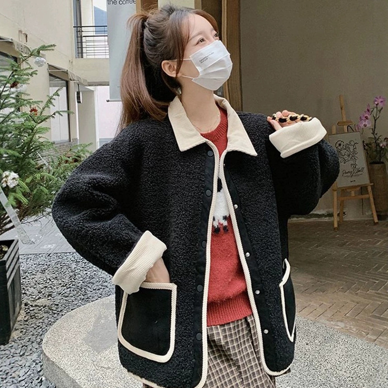 Tweed-style lambswool jacket for women, short autumn/winter style, petite fit, Korean style, age-reducing, loose, casual, color-blocked, with a lapel