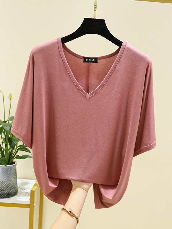 Modal T-Shirt for Women, Summer Short-Sleeve Stylish Loose Fit Slimming Versatile V-Neck Top Casual Blouse Inner Layer Base Shirt