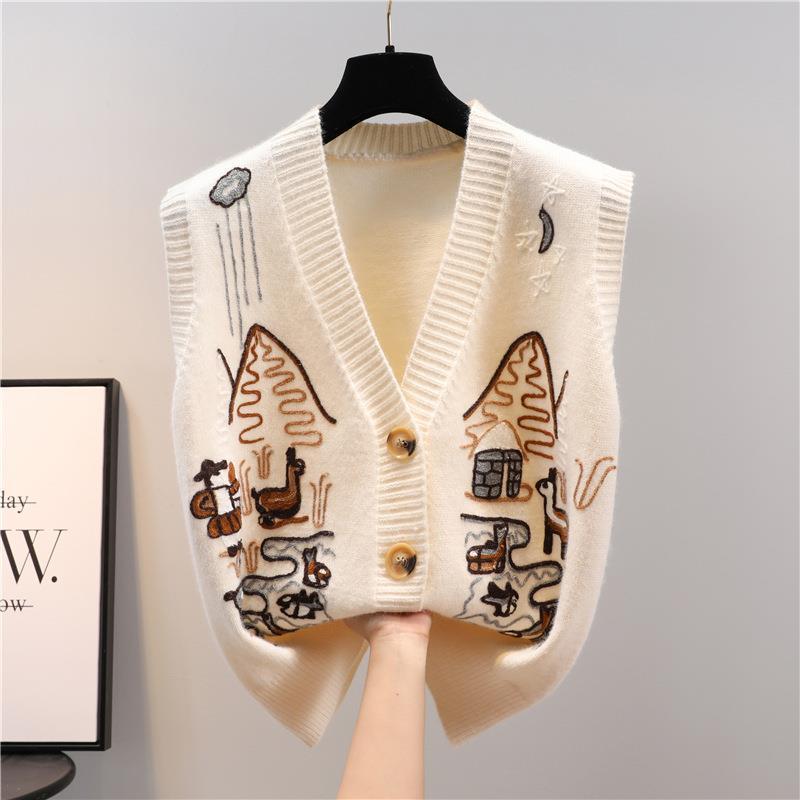 Vest Women's V-neck Knitted Sweater Cardigan Outer Wear Autumn Loose Thick Wool Vest Outer Wear 1