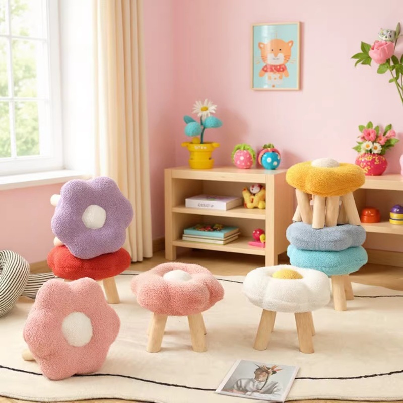 Taburetes de madera maciza de flores lindas, taburetes de cambio de zapatos de puerta de casa, taburetes de mesa de té de balcón, taburetes bajos para niños image 1