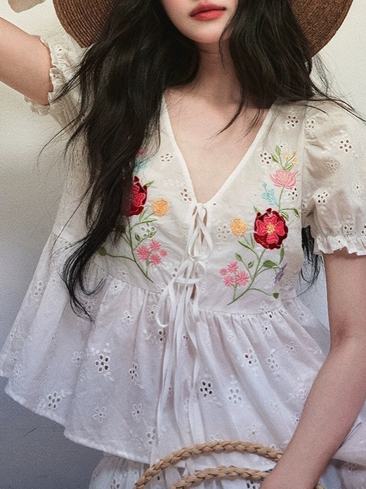 「Summer Love Song」純綿刺繍レースアップVネックシャツレーススカートパンツツーピーススーツスカート|undefined