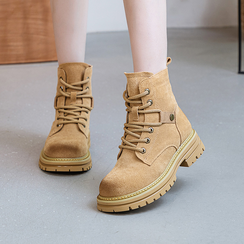여성용 마틴 부츠 2025 가을 신상품 천연 가죽 워크웨어 숏부츠 스몰 사이즈 키높이 노란색 부츠 영국 스타일 데저트 부츠