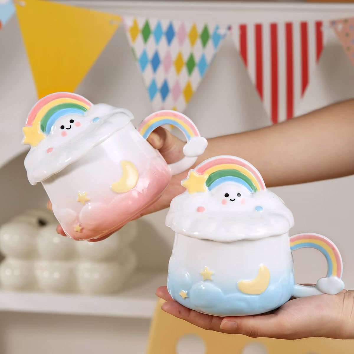 Personalidad creativa arco iris nubes taza con tapa cerámica taza de agua encantadora taza de café taza de regalo transfronteriza