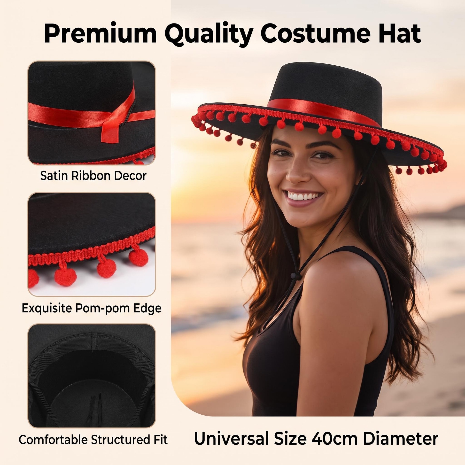 跨境墨西哥风情绒球草帽儿童成人派对帽子Mexican Sombrero Hat服饰配件、饰品实拍产品高清图