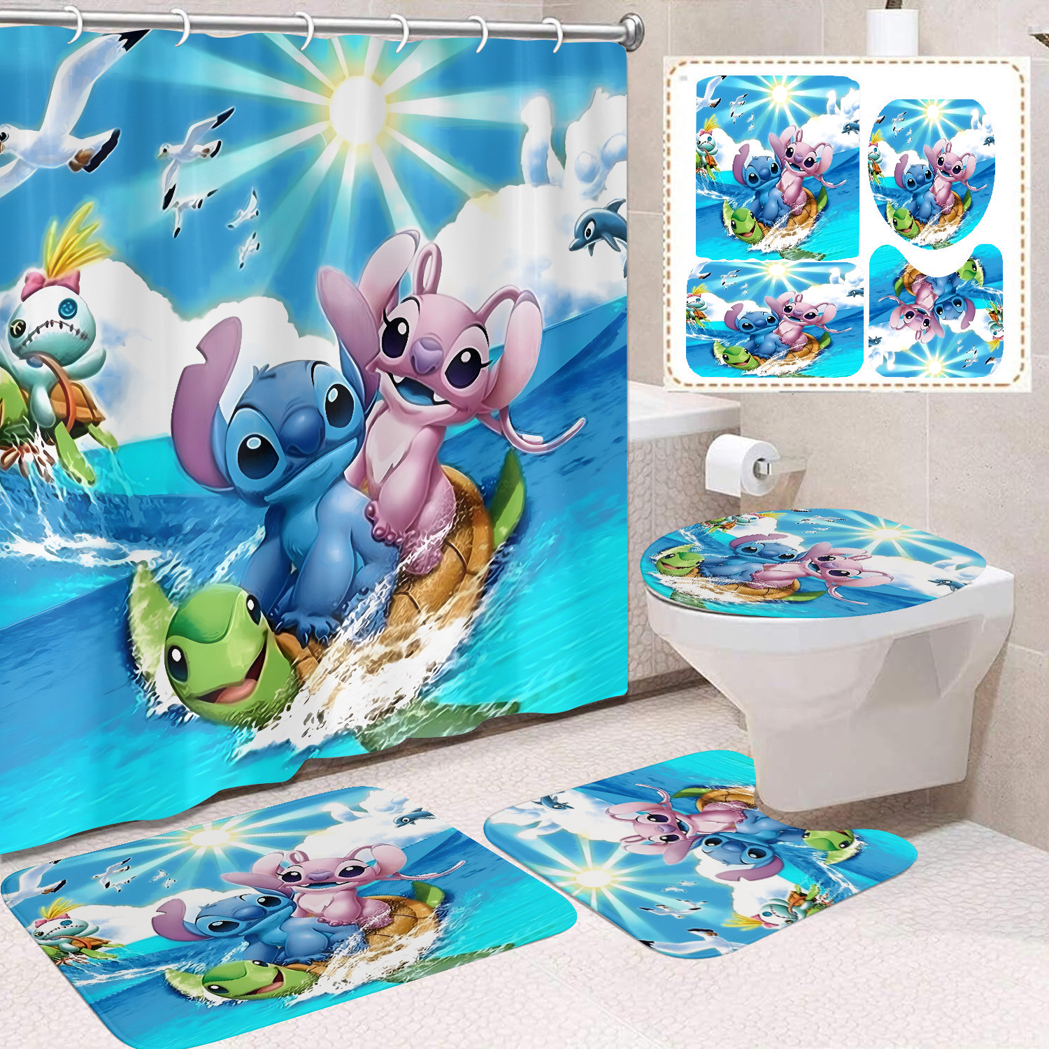 Venta directa de fábrica lindo baño de dibujos animados de cuatro piezas cortina de ducha impermeable cortina de ducha sin perforación cortina de partición de baño de baño