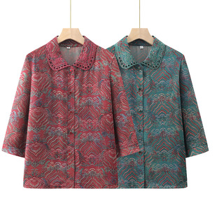 Grandma's Summer Three-Quarter Sleeve Cardigan Loose Shirt 2025 New Elderly Clothes Lapel Short-Sleeved Shirt for Women