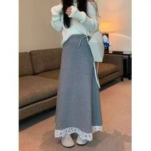 跨境新款设计感下摆拼接花边百褶半身长裙女松紧腰洋气针织半裙女
